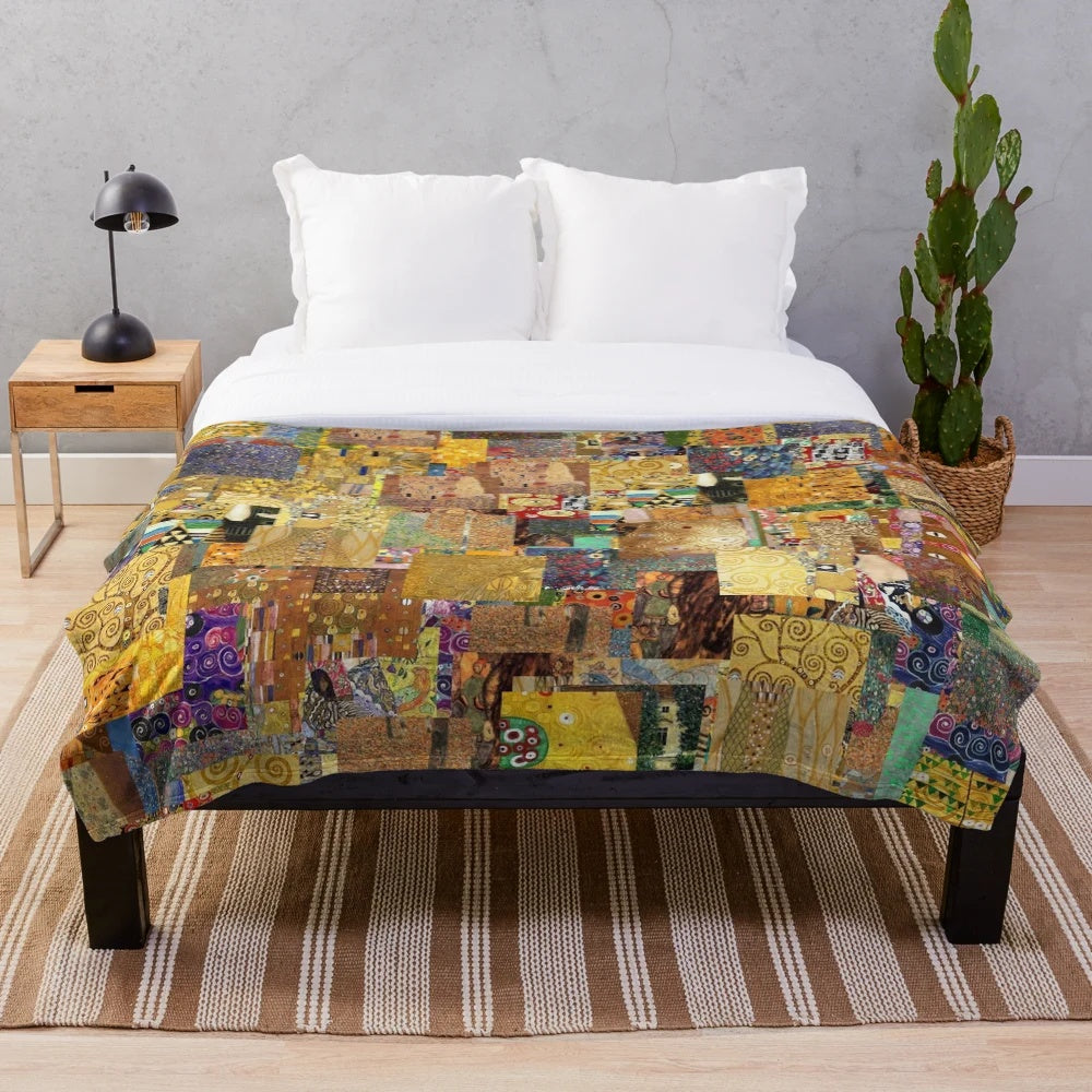Gustav Klimt inspired plush blanket with symbolist painting design