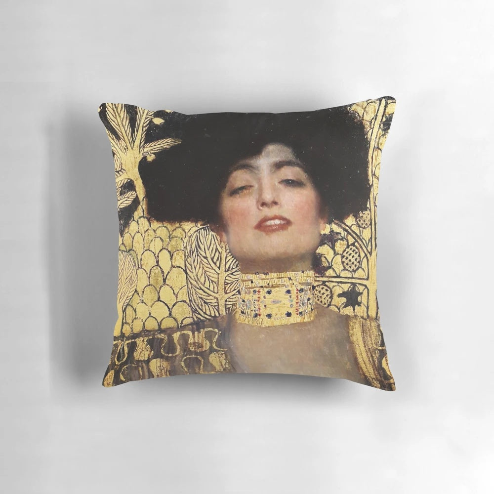 Luxurious Gustav Klimt Judith golden painting pillow featuring the iconic artwork