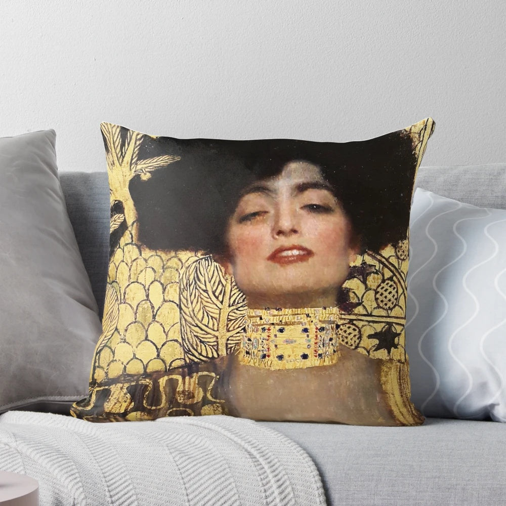 Luxurious Gustav Klimt Judith golden painting pillow featuring the iconic artwork