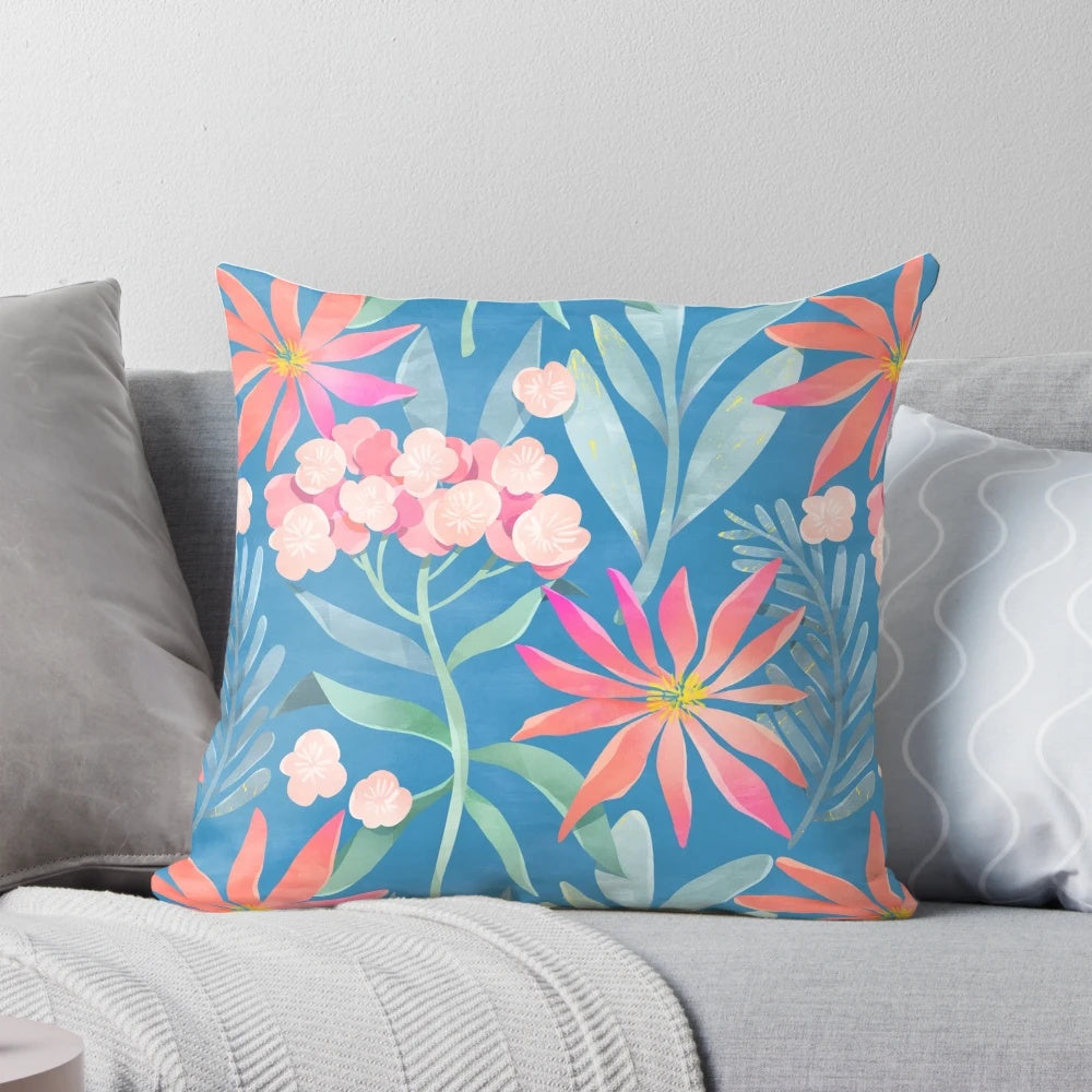 Beautifully designed hortensia floral pillow featuring a botanical illustration by artist Ira Khroniuk
