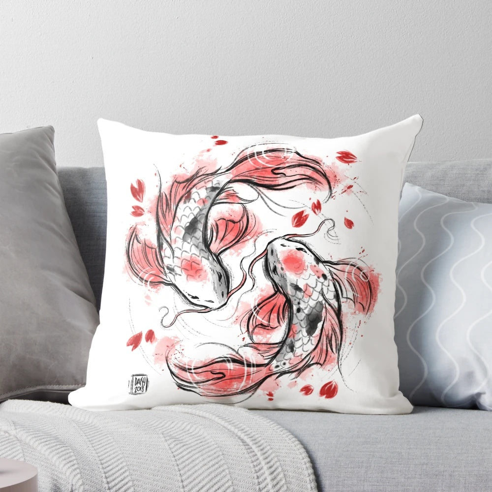 Beautiful Japanese koi fish sketch design on a decorative pillow, perfect for Asian-inspired home decor.