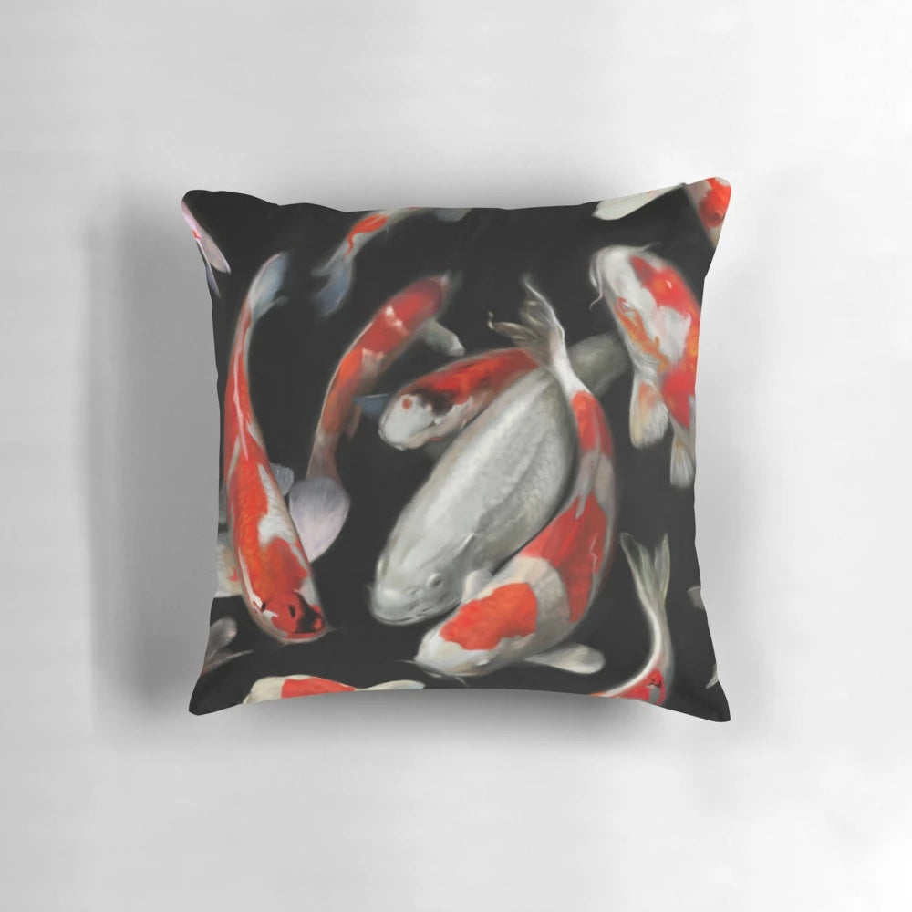A decorative throw pillow featuring a vibrant koi fish design, perfect for adding an Asian-inspired touch to any room.