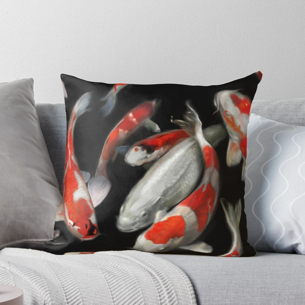 A decorative throw pillow featuring a vibrant koi fish design, perfect for adding an Asian-inspired touch to any room.