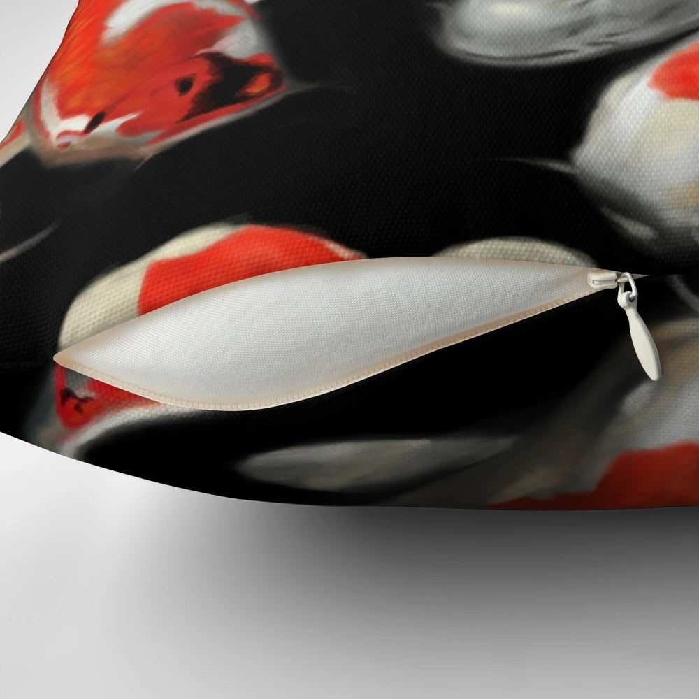 A decorative throw pillow featuring a vibrant koi fish design, perfect for adding an Asian-inspired touch to any room.