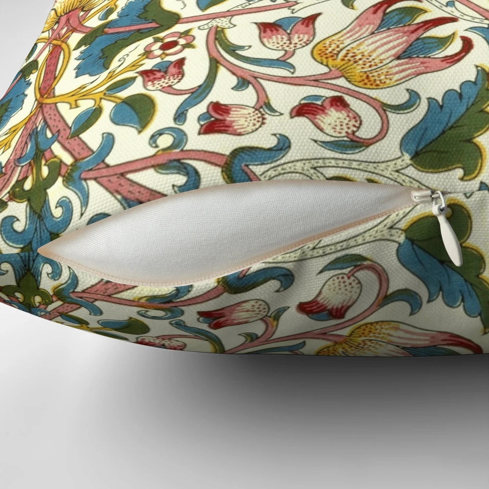 Close-up of a beautifully detailed, vintage-inspired floral pattern pillow in the Lodden style by William Morris.