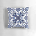 A blue, ornate floral Mediterranean Sicilian tile design decorative pillow