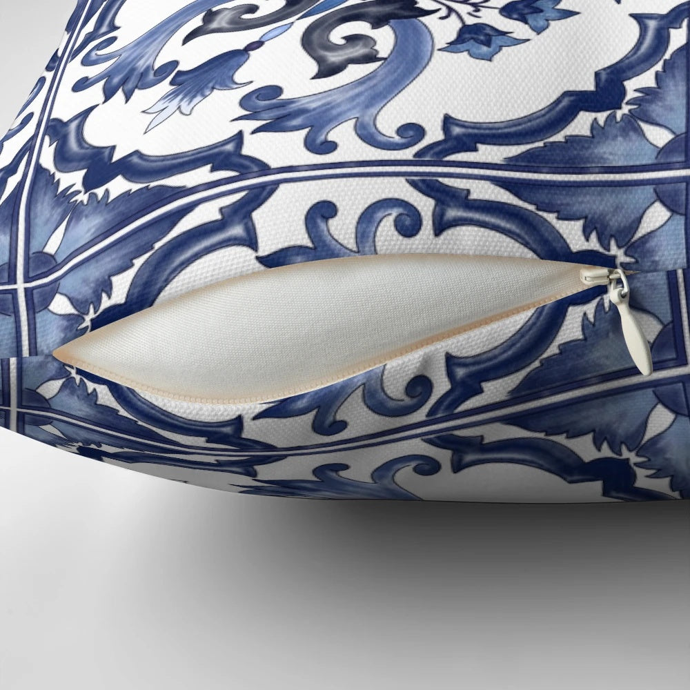 A blue, ornate floral Mediterranean Sicilian tile design decorative pillow