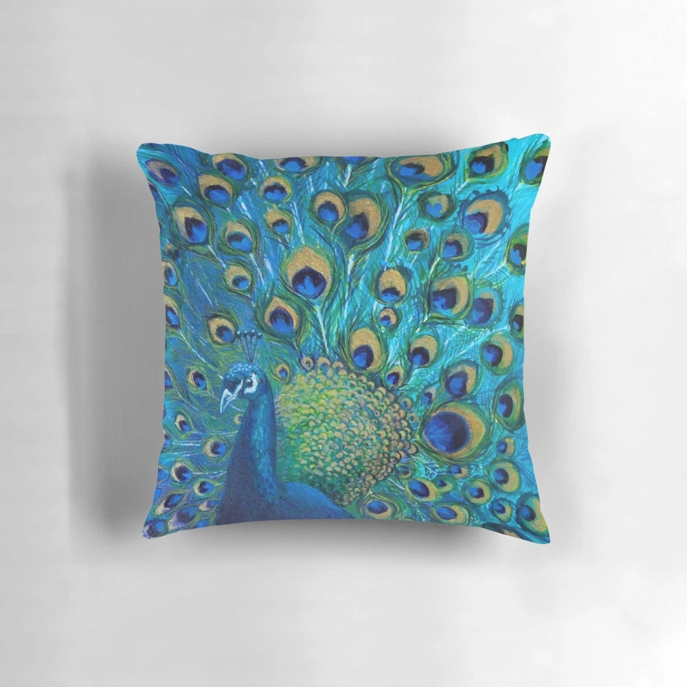 A beautiful decorative pillow featuring a lifelike image of a peacock's vibrant plumage.