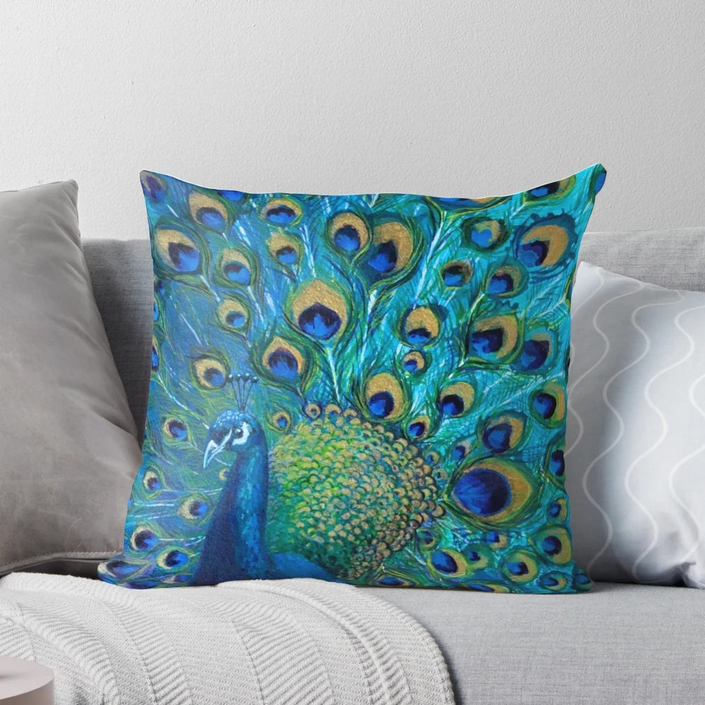 A beautiful decorative pillow featuring a lifelike image of a peacock's vibrant plumage.