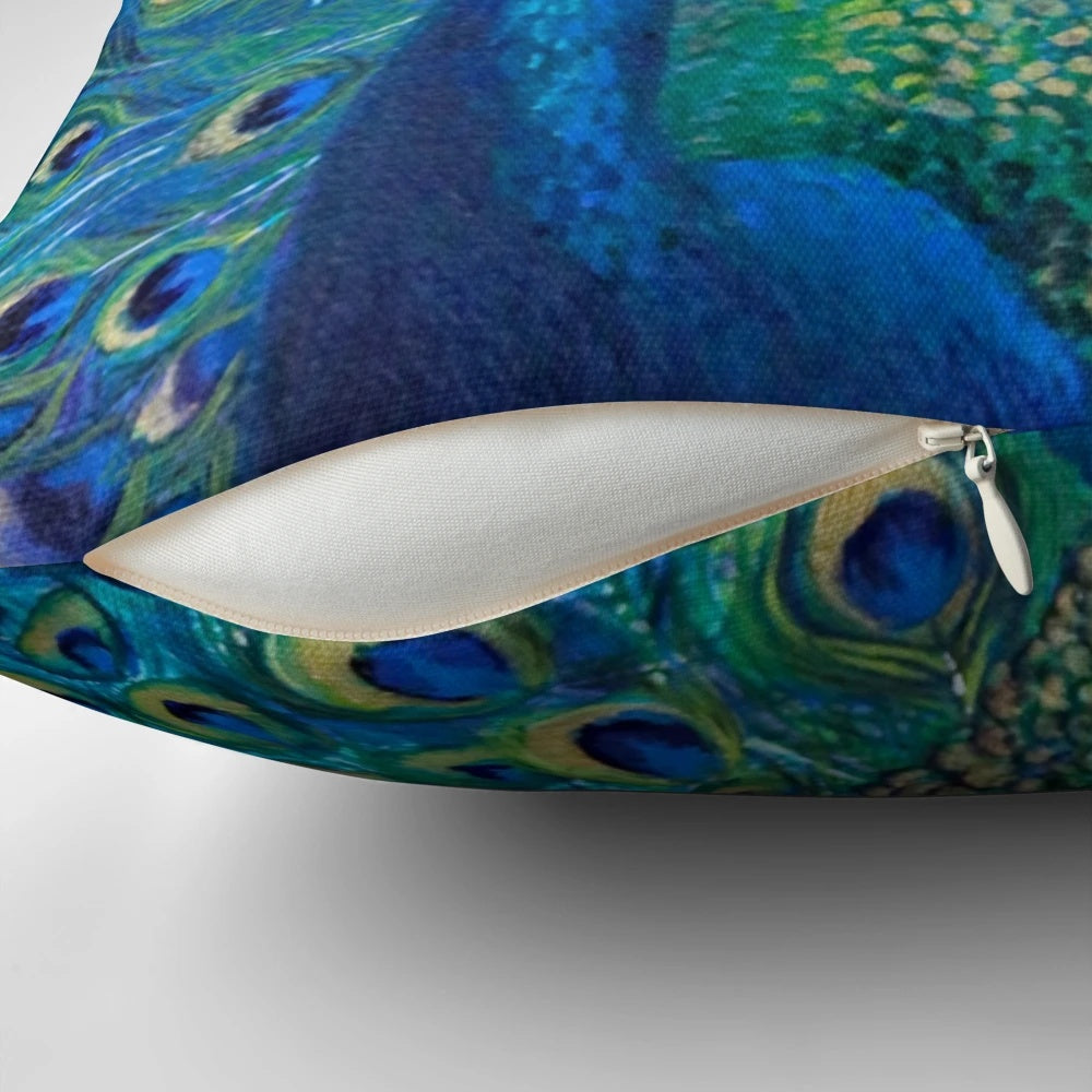A beautiful decorative pillow featuring a lifelike image of a peacock's vibrant plumage.