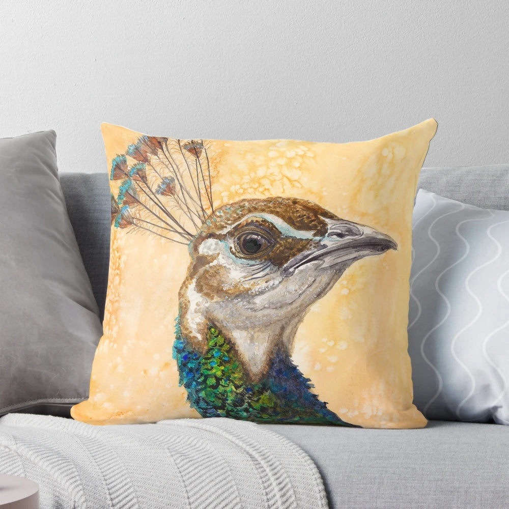 Peahen Pillow featuring a vibrant watercolor painting of a majestic peahen bird