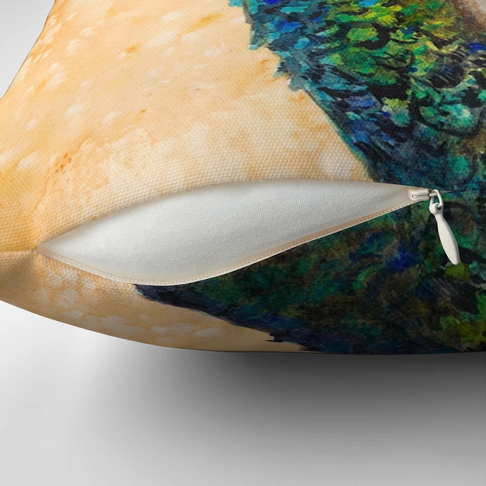 Peahen Pillow featuring a vibrant watercolor painting of a majestic peahen bird