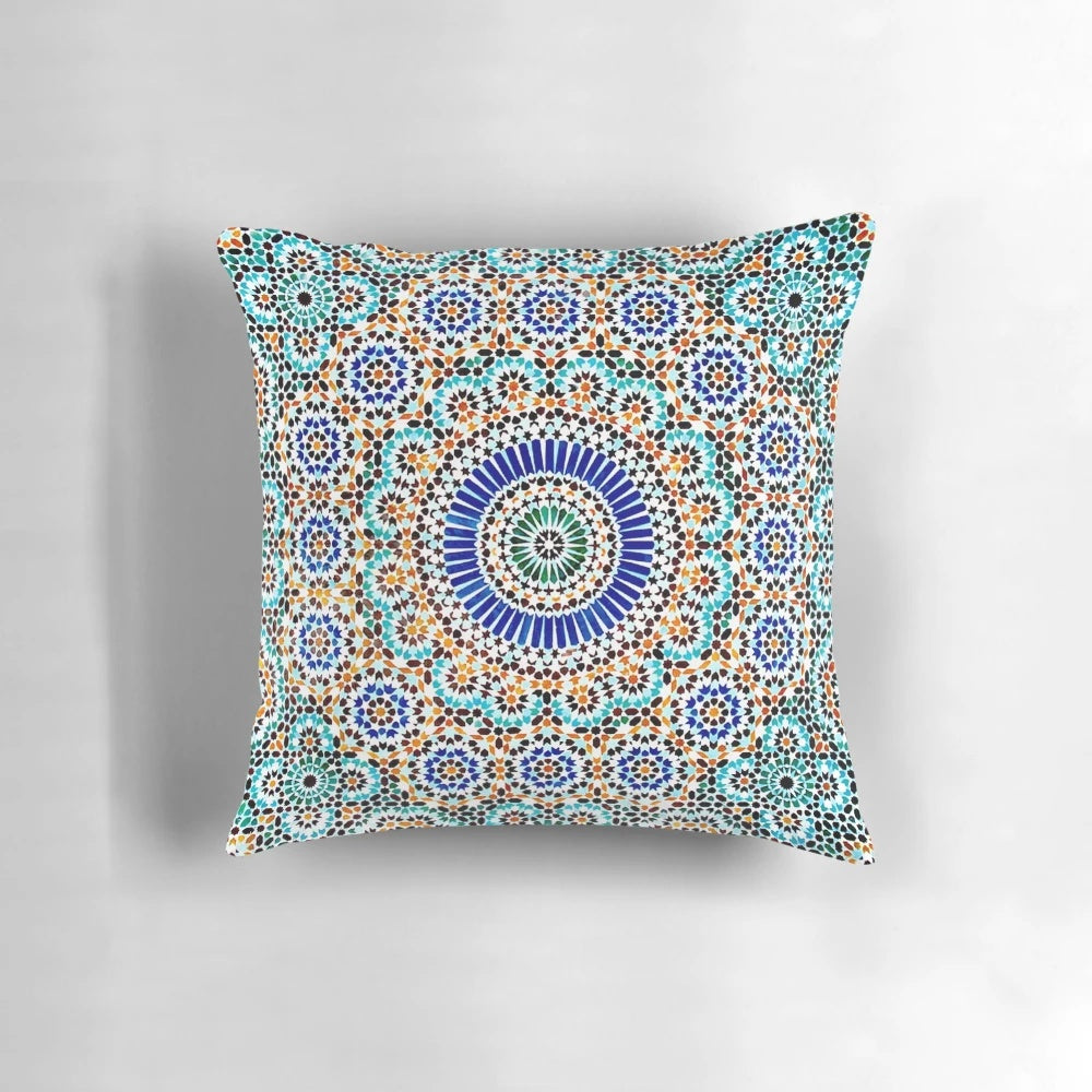 Elegant Persian-inspired ceramic design pillow with intricate patterns and calligraphy