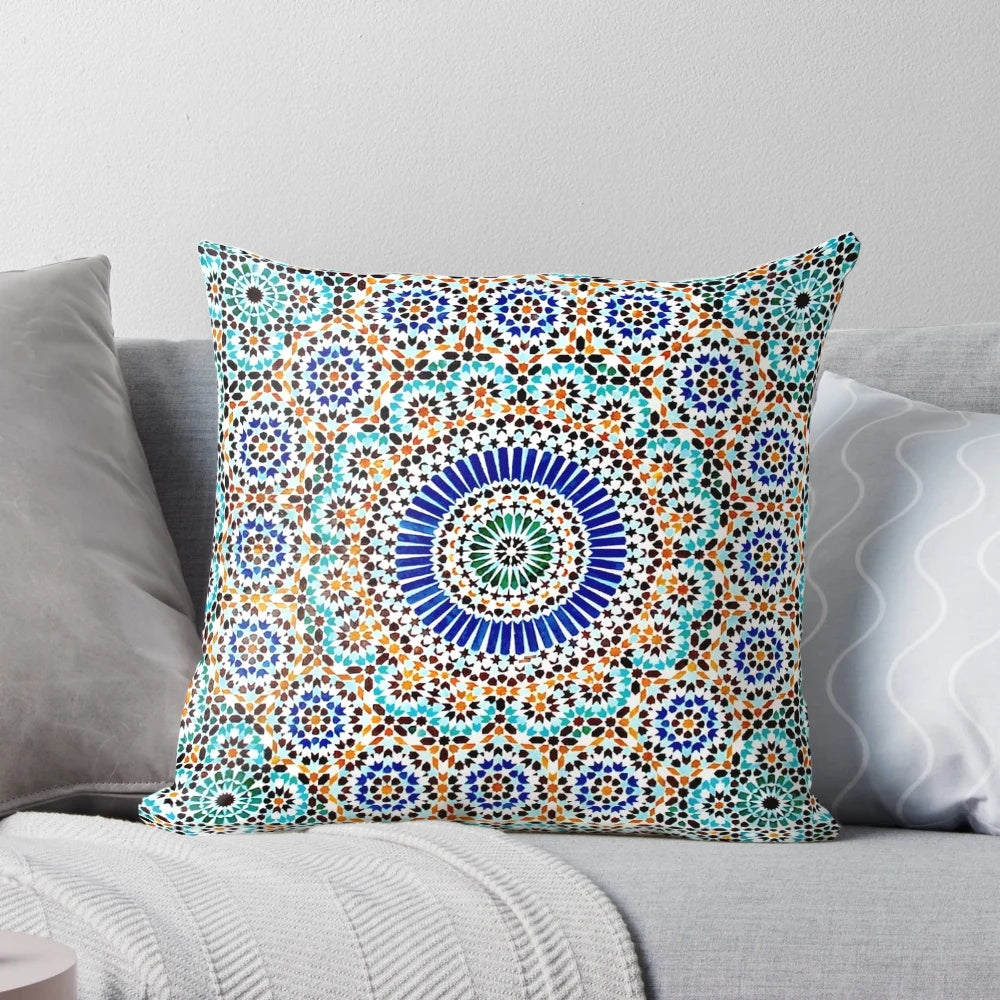 Elegant Persian-inspired ceramic design pillow with intricate patterns and calligraphy