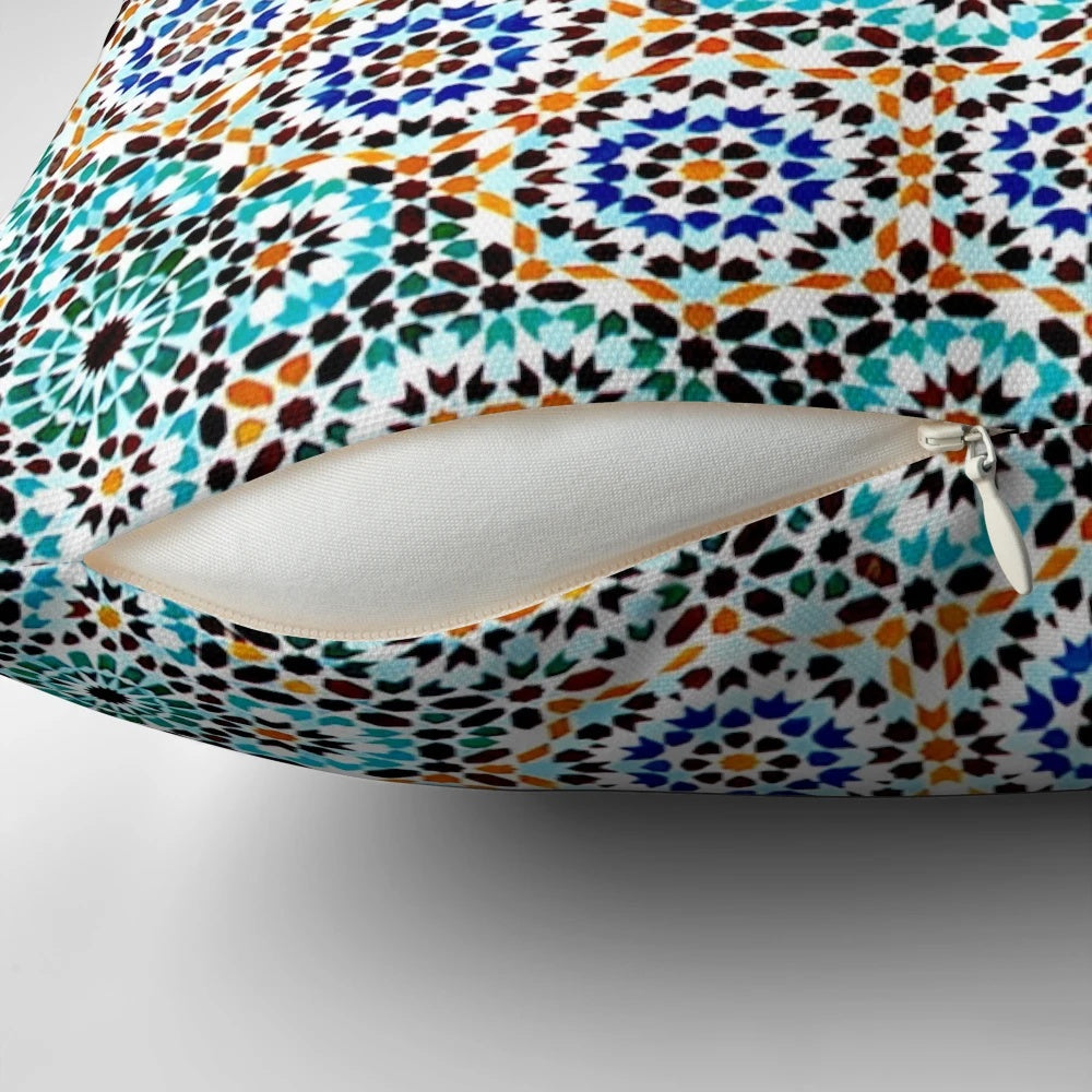 Elegant Persian-inspired ceramic design pillow with intricate patterns and calligraphy