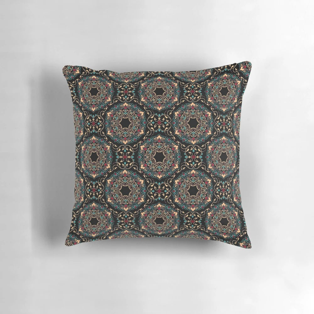 Ornate Persian-inspired pillow with intricate floral and geometric patterns