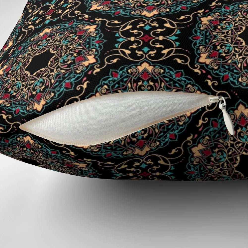 Ornate Persian-inspired pillow with intricate floral and geometric patterns