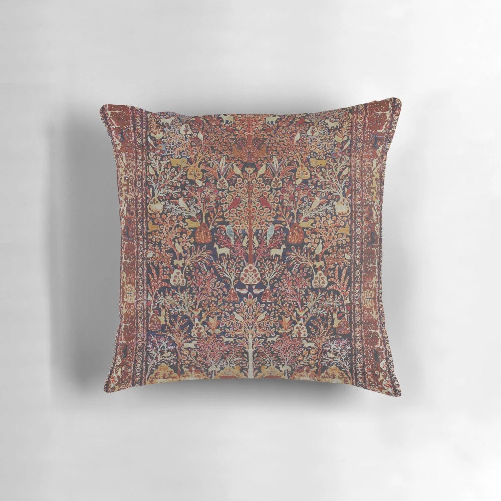Elegant Persian vintage-style carpet design pillow with nature and floral motifs