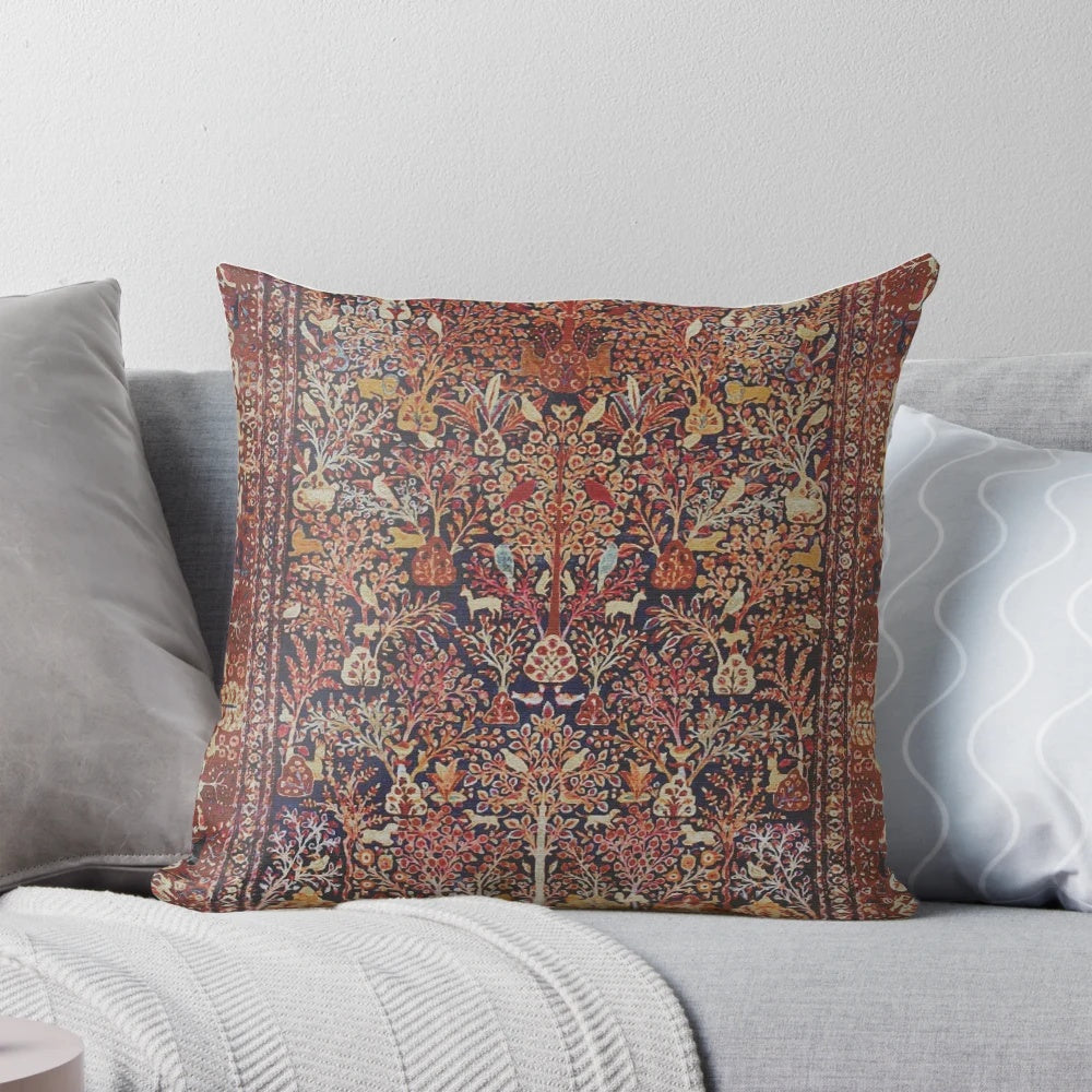 Elegant Persian vintage-style carpet design pillow with nature and floral motifs