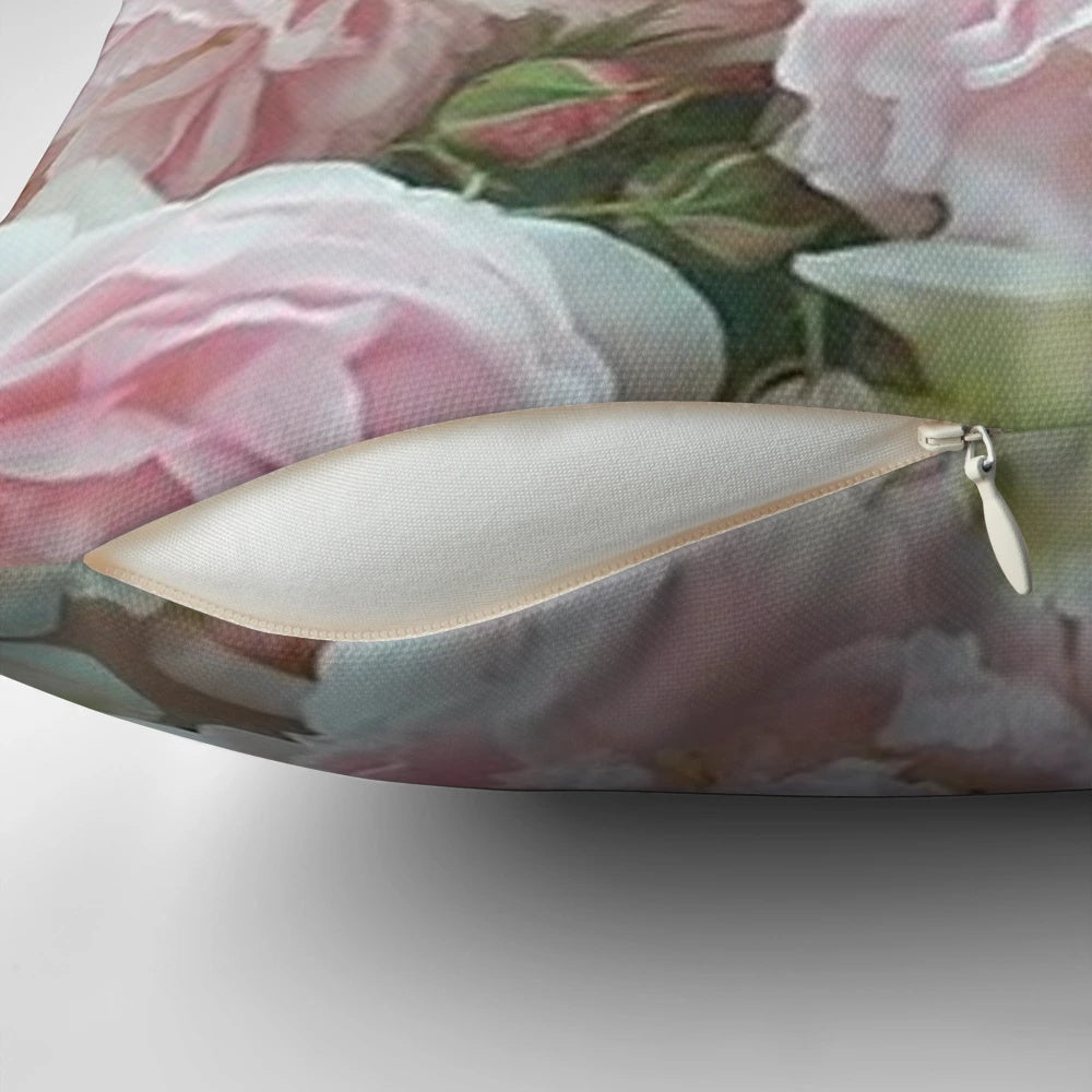 Vibrant pink and white peonies in full bloom, captured in a stunning close-up photograph and printed on a soft, plush throw pillow.
