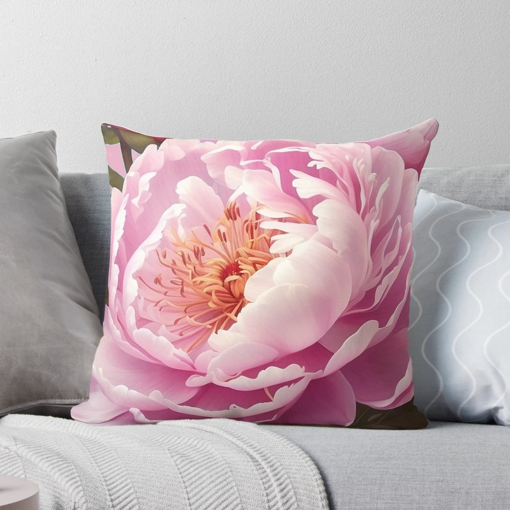 Beautiful pink peony flowers on a soft, plush throw pillow