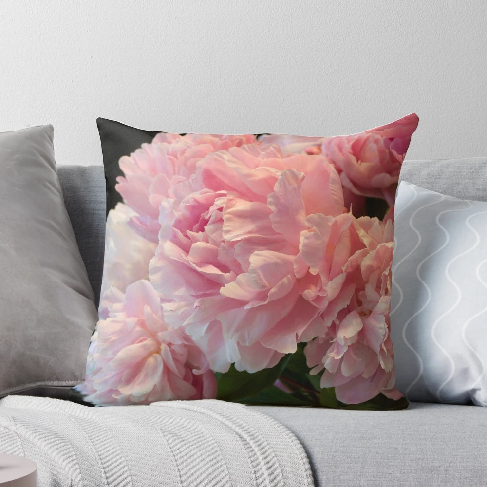 Soft, pink peony flower pillow with feminine, botanical design