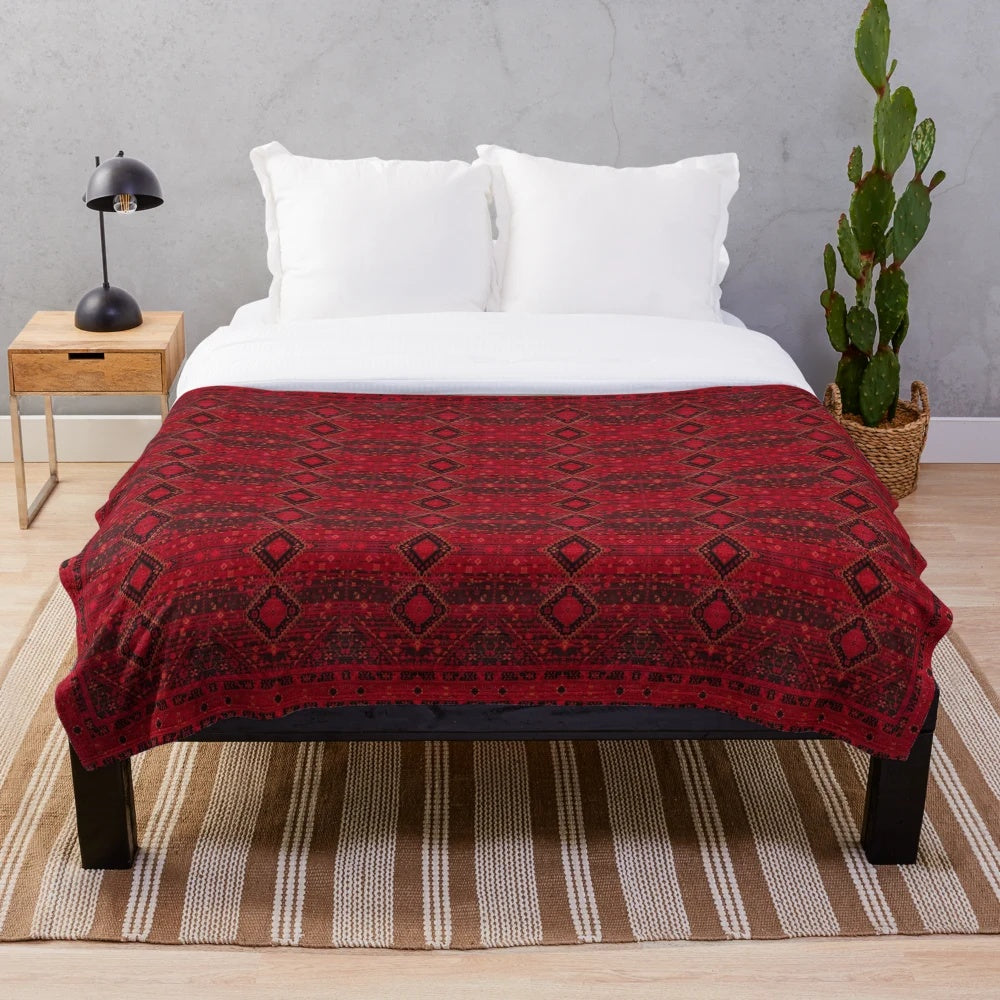 Crimson Heritage plush blanket with intricate oriental, moroccan, and ottoman inspired patterns