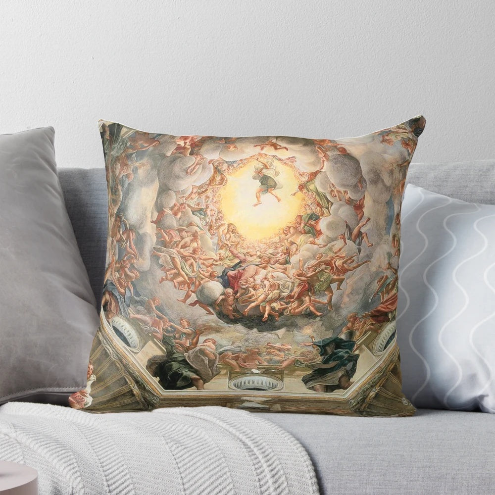 Michelangelo's masterpiece, the Sistine Chapel ceiling, depicted on a soft and cozy pillow.