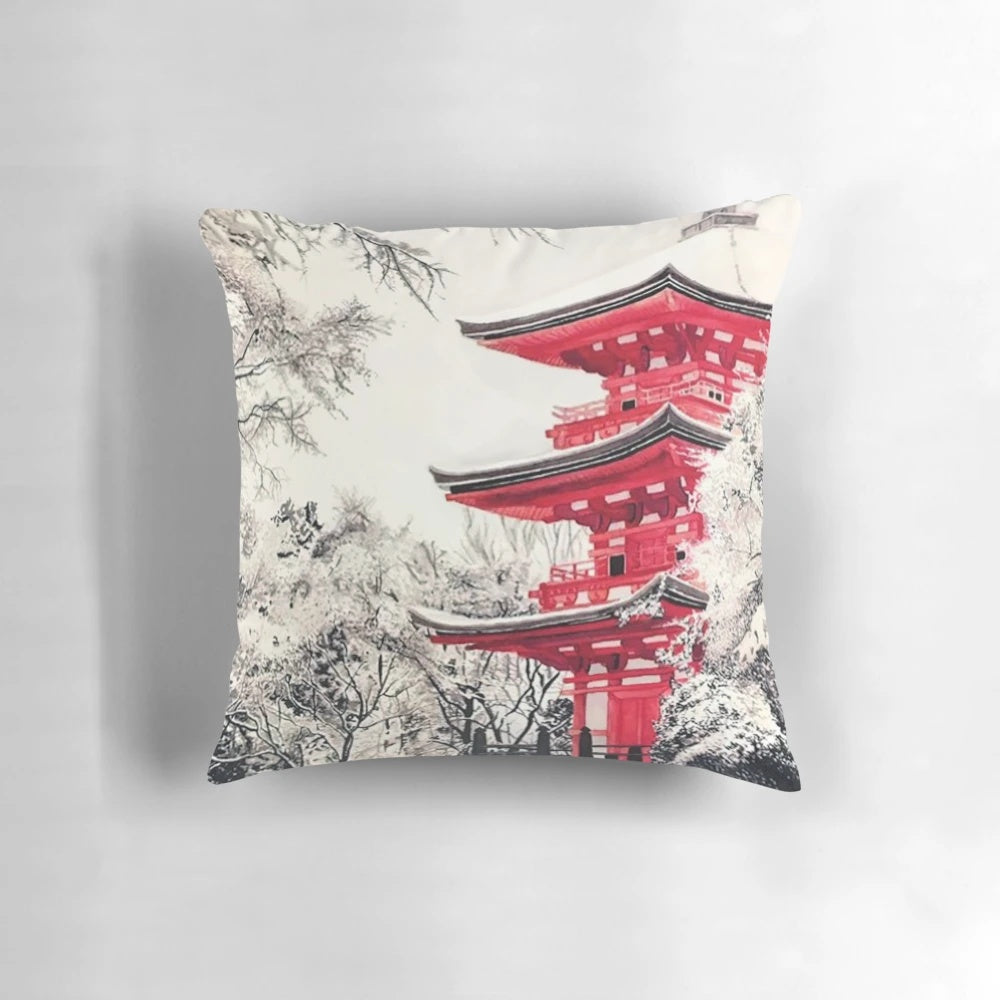 Watercolor painting of a snowy pagoda, a traditional Japanese architectural structure