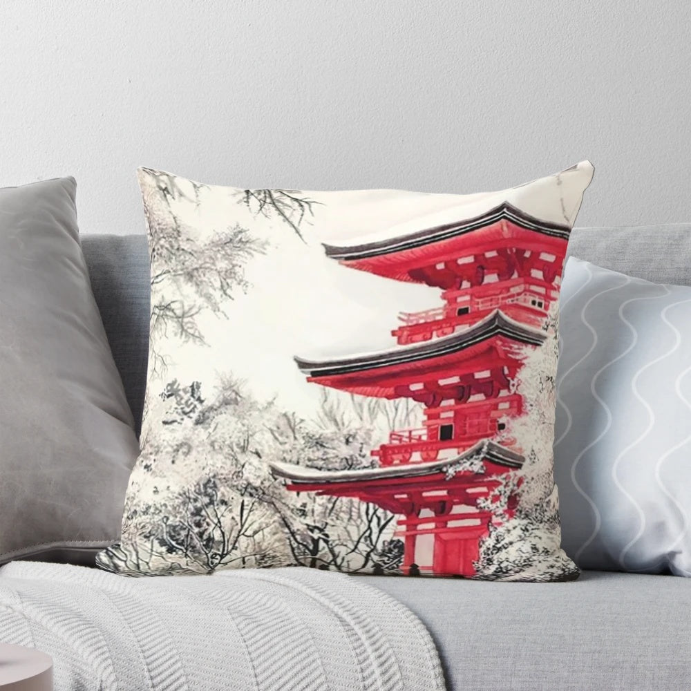 Watercolor painting of a snowy pagoda, a traditional Japanese architectural structure