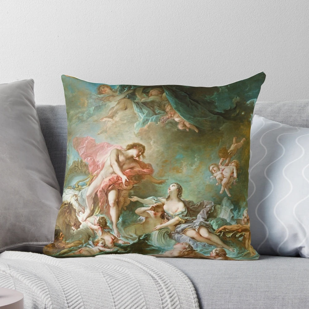 A stunning, high-quality pillow featuring the iconic "The Setting of the Sun" painting by the French Rococo artist François Boucher.