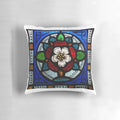 Tudor Rose Window Pillow, a beautifully crafted decorative throw pillow featuring a stunning medieval-style stained glass window design.