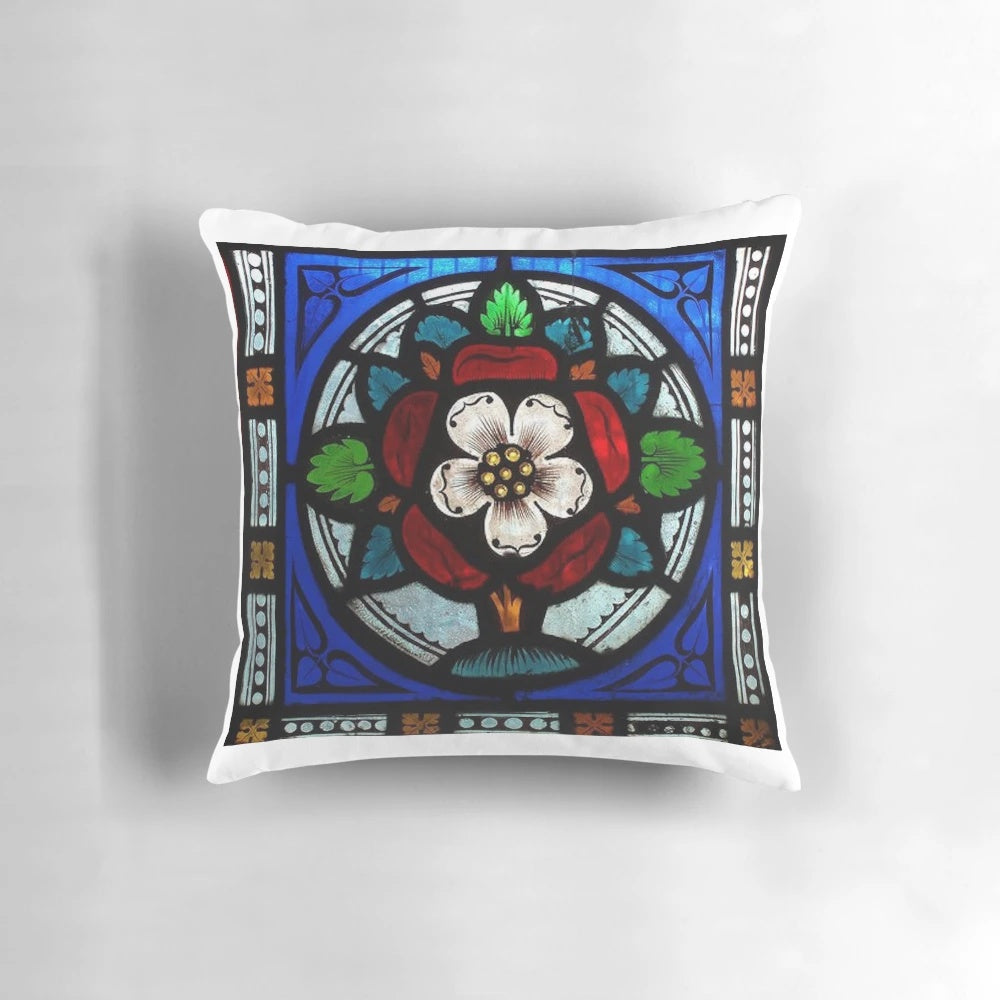 Tudor Rose Window Pillow, a beautifully crafted decorative throw pillow featuring a stunning medieval-style stained glass window design.