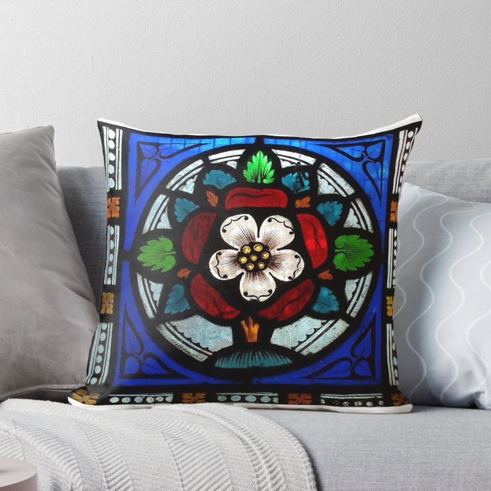Tudor Rose Window Pillow, a beautifully crafted decorative throw pillow featuring a stunning medieval-style stained glass window design.
