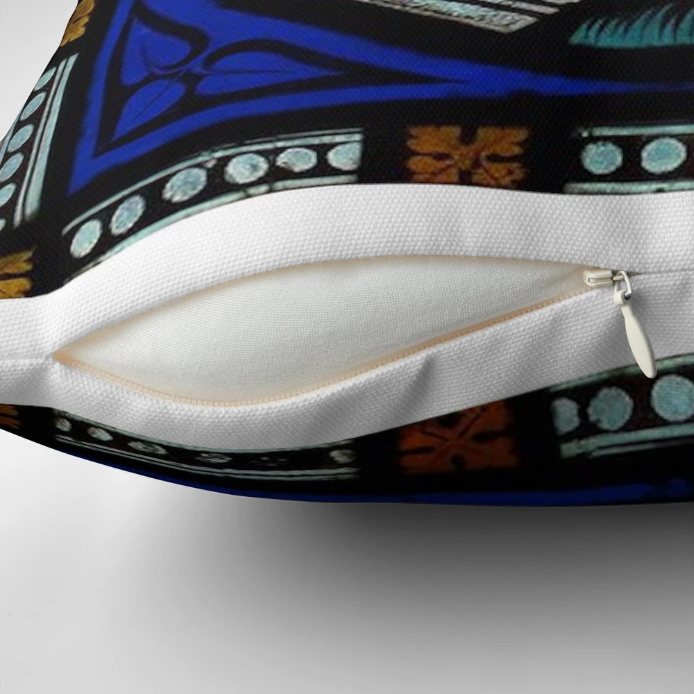 Tudor Rose Window Pillow, a beautifully crafted decorative throw pillow featuring a stunning medieval-style stained glass window design.