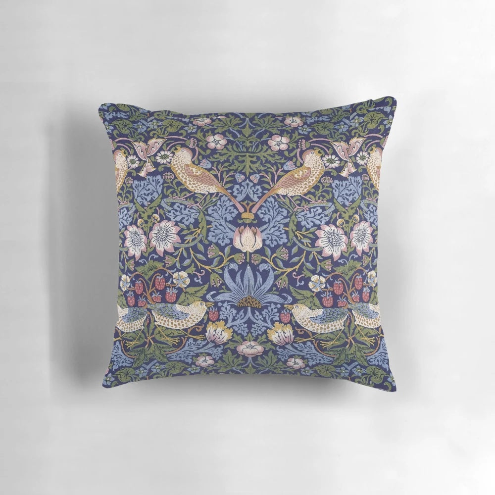 Vibrant William Morris Strawberry Thief design 1883 decorative pillow with floral and bird motif