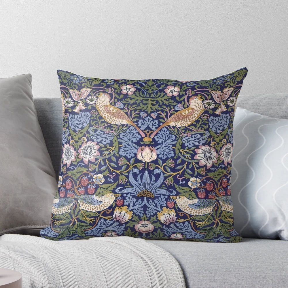 Vibrant William Morris Strawberry Thief design 1883 decorative pillow with floral and bird motif