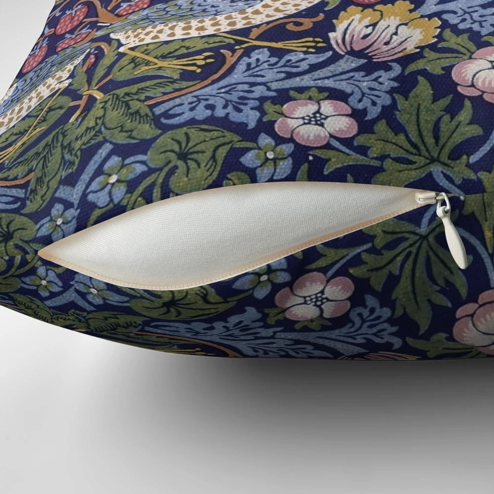 Vibrant William Morris Strawberry Thief design 1883 decorative pillow with floral and bird motif