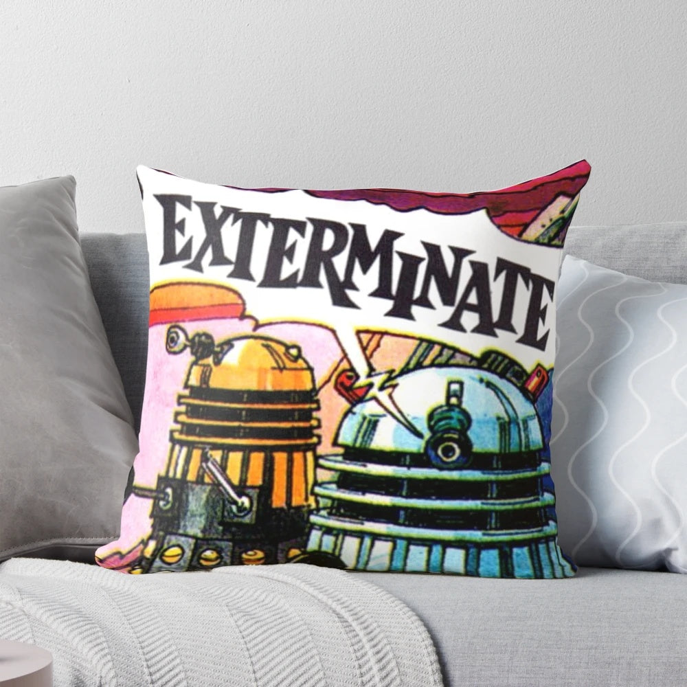 Exterminate! Sci-Fi Inspired Decorative Pillow with Daleks and TARDIS Design