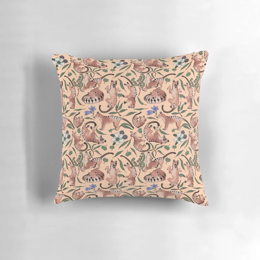 Soft, comfortable pillow featuring an artistic print of the extinct Tasmanian tiger, a unique marsupial also known as the thylacine.