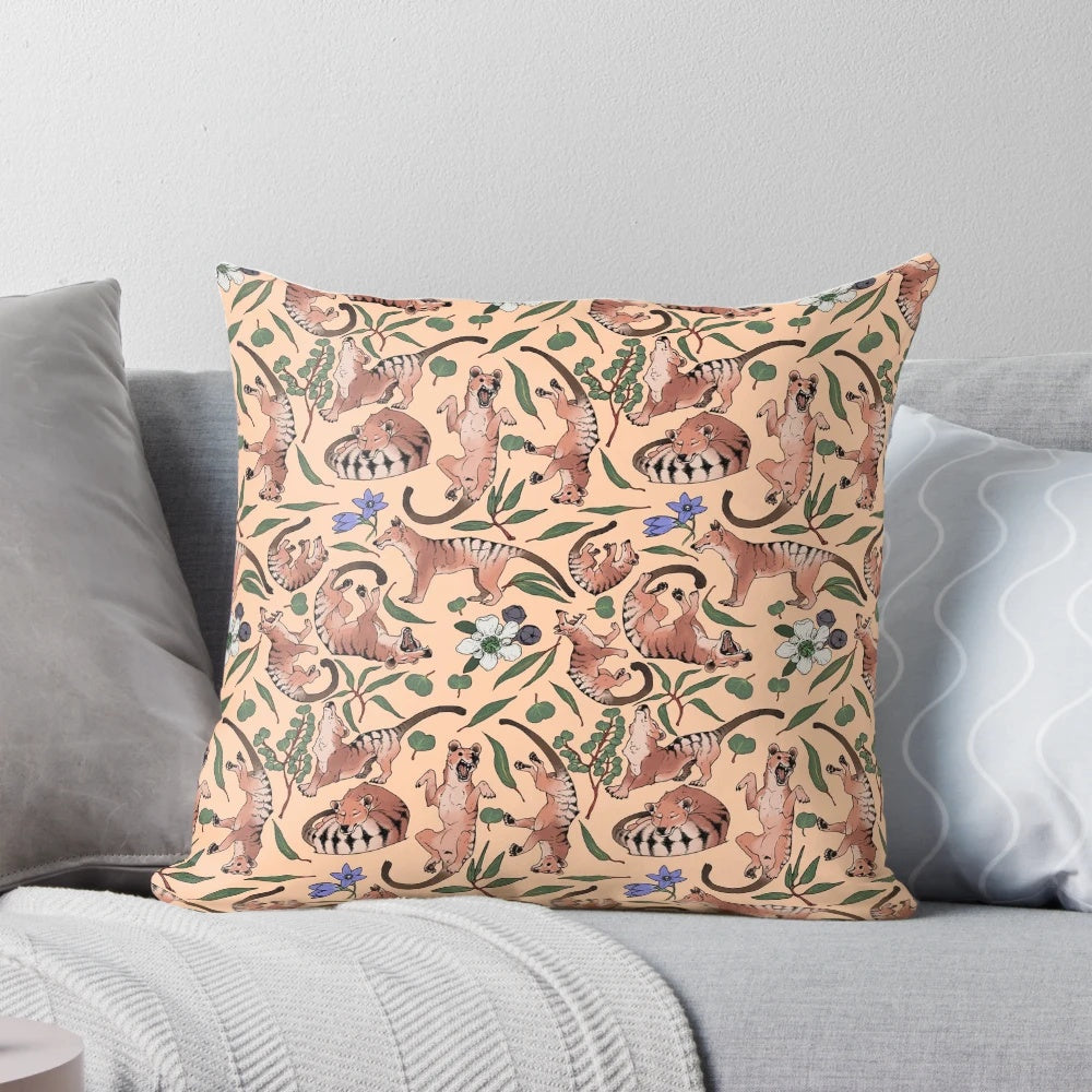Soft, comfortable pillow featuring an artistic print of the extinct Tasmanian tiger, a unique marsupial also known as the thylacine.