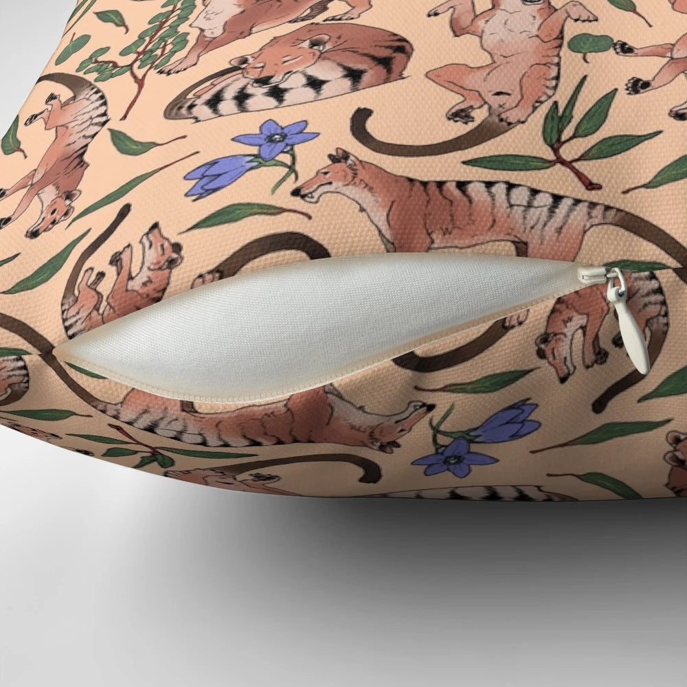 Soft, comfortable pillow featuring an artistic print of the extinct Tasmanian tiger, a unique marsupial also known as the thylacine.