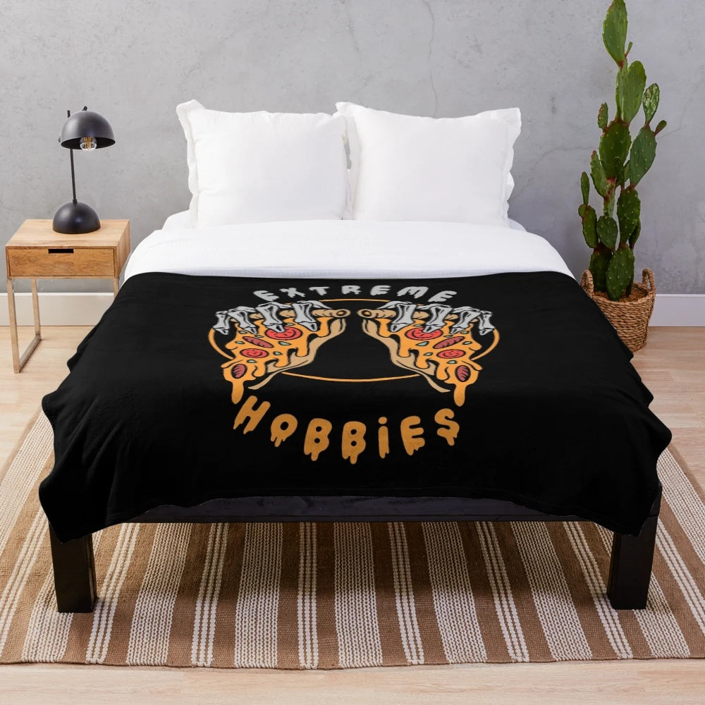 Extreme Hobbies Plush Blanket with pizza, bones, and skeleton design