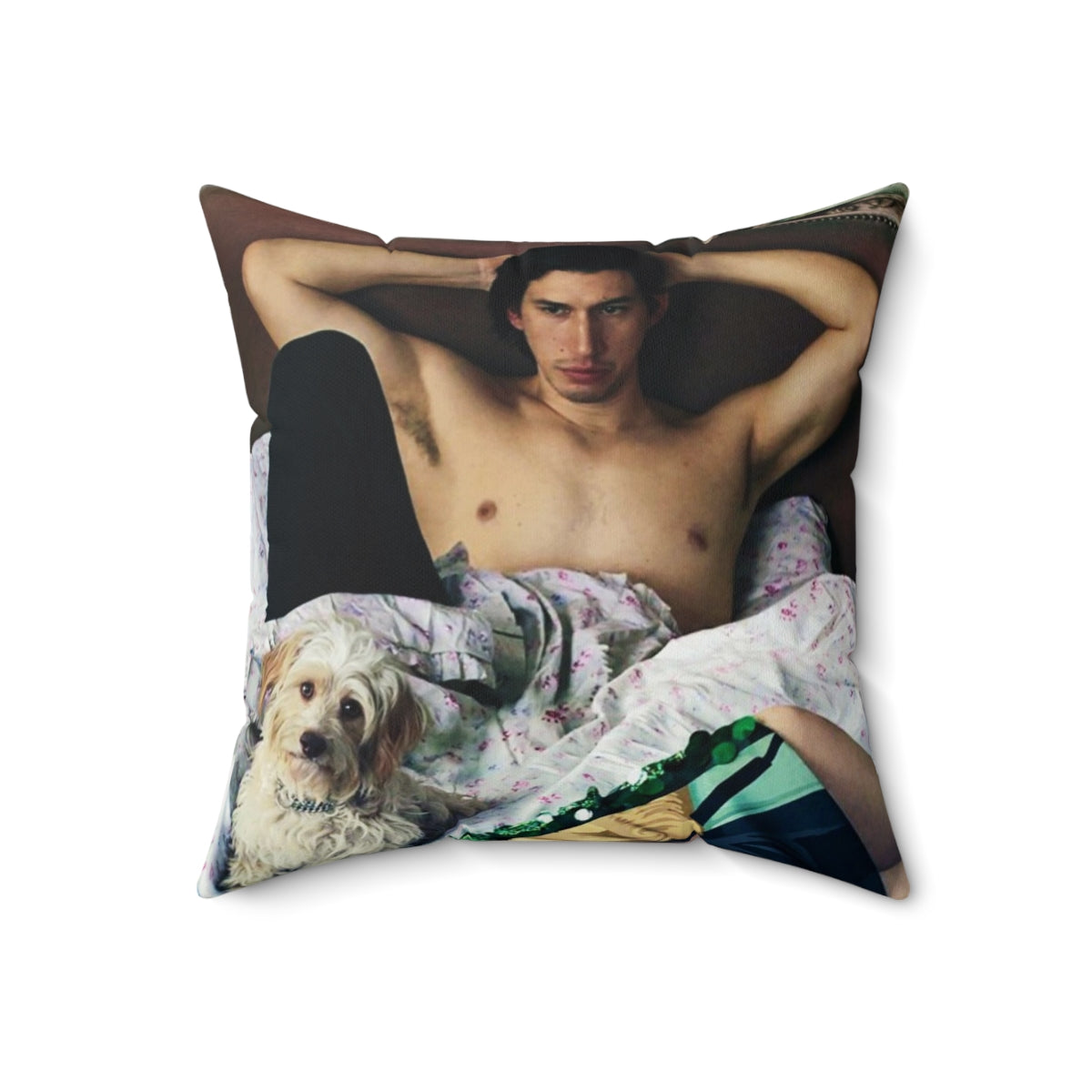 Artistic portrait pillow featuring a realistic image of actor Adam Driver posing with a dog.