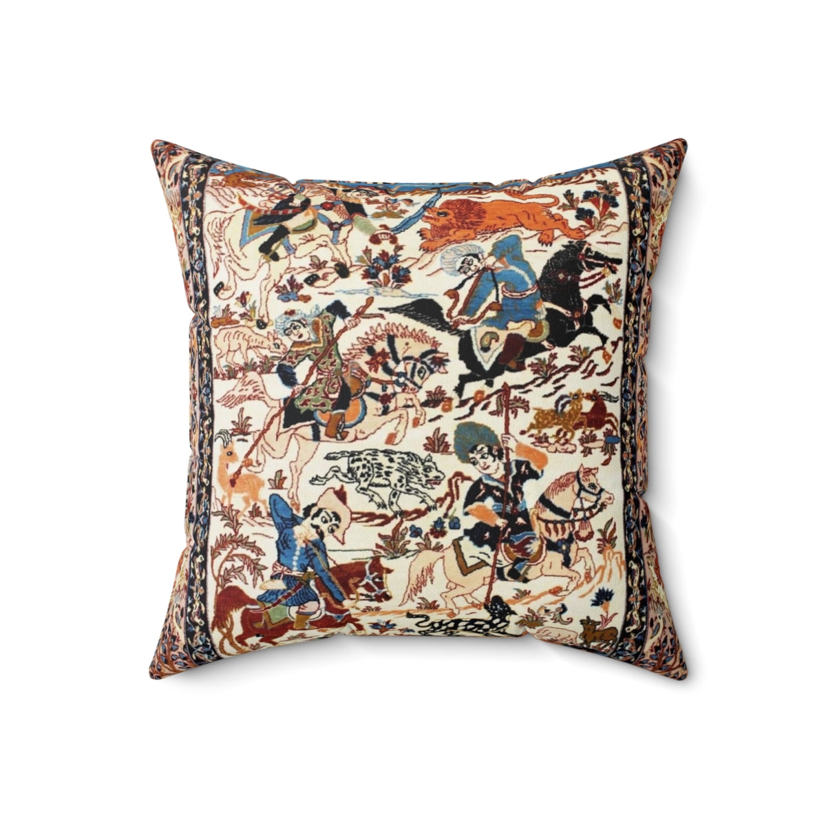 A decorative blue and white throw pillow featuring a vintage-inspired floral and animal print inspired by antique Persian rugs. - Back