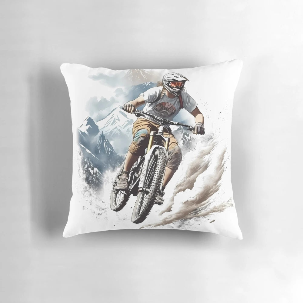 Fabio Wibmer, renowned mountain bike rider, featured on a comfortable and stylish pillow for mountain biking enthusiasts.