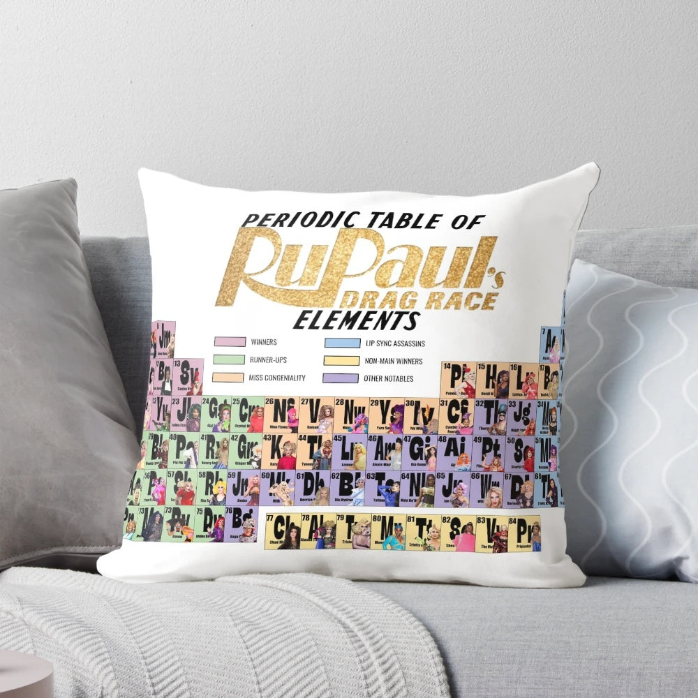 A decorative throw pillow featuring a periodic table design with the names of famous drag queens from RuPaul's Drag Race.