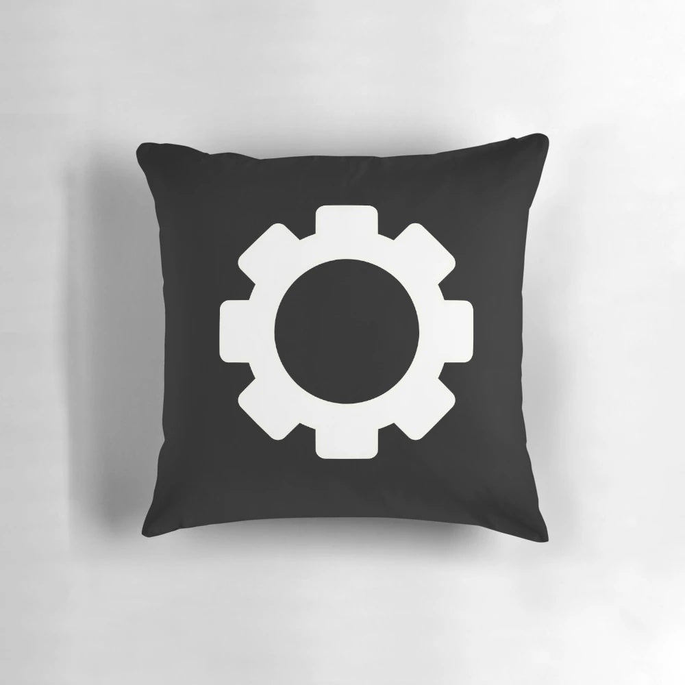 Factorio gaming pillow with Ficsit logo and "Stay Efficient" text