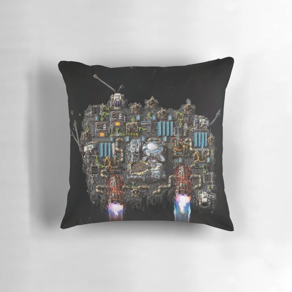 Factorio-inspired spaceship-shaped pillow, perfect for gaming and home decor.