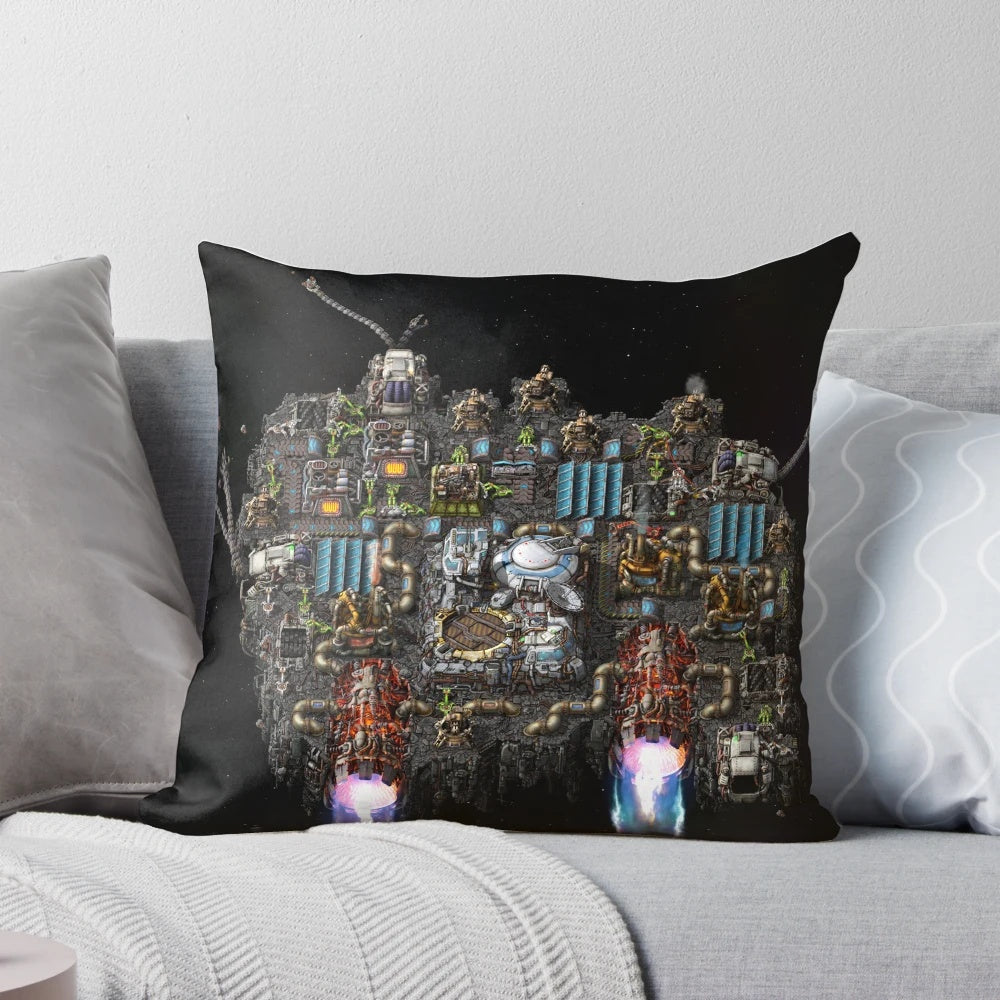 Factorio-inspired spaceship-shaped pillow, perfect for gaming and home decor.